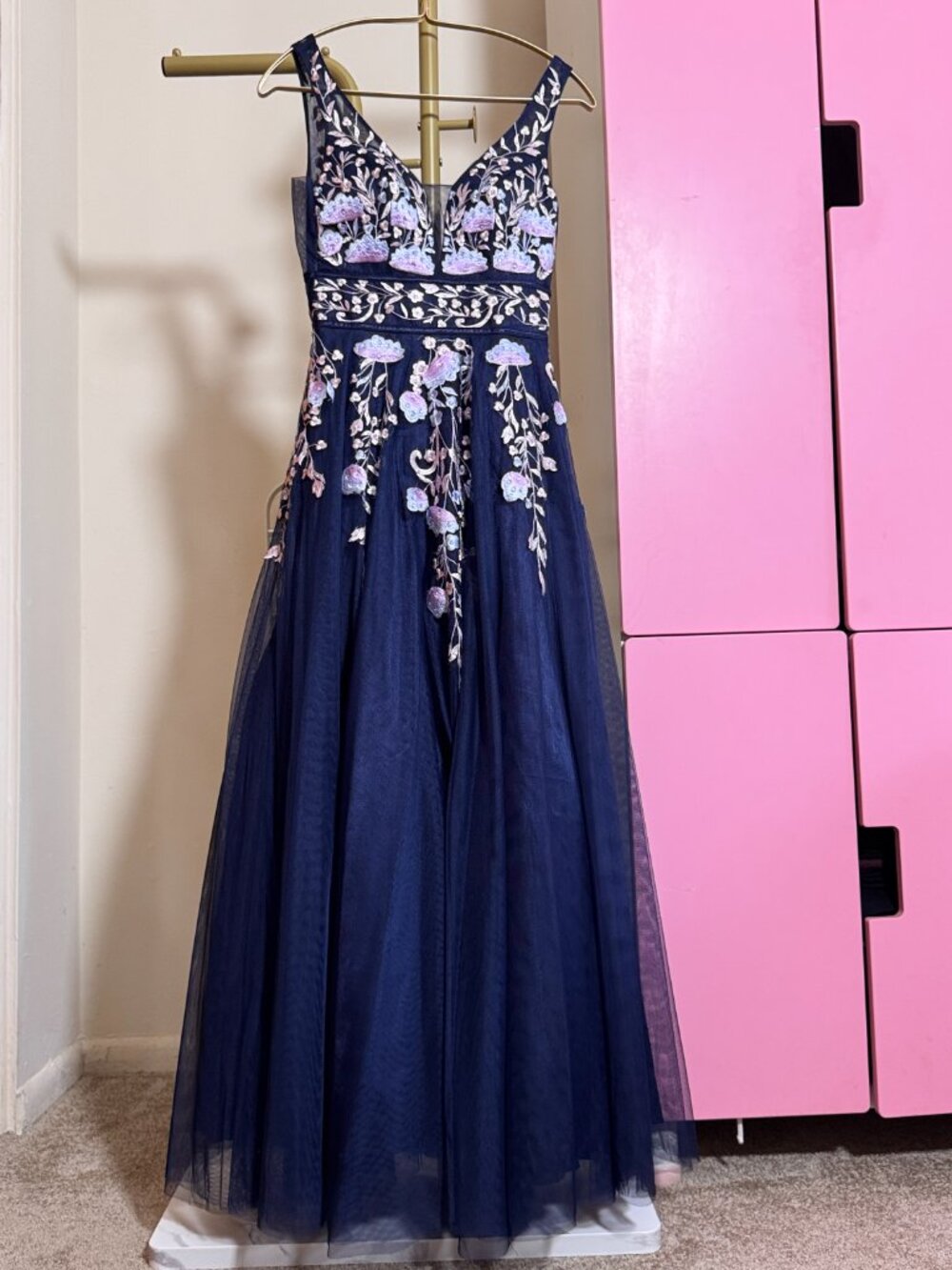 Navy Tulle Prom Gown | Floral Pastel Embroidery Beaded Formal Long Dress
